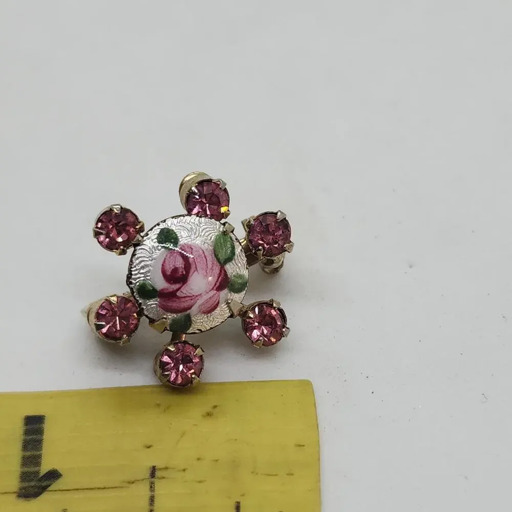 Vintage 1950s Brooch Hand Painted Pink Rose Guilloche Enamel & Pink Rhinestone